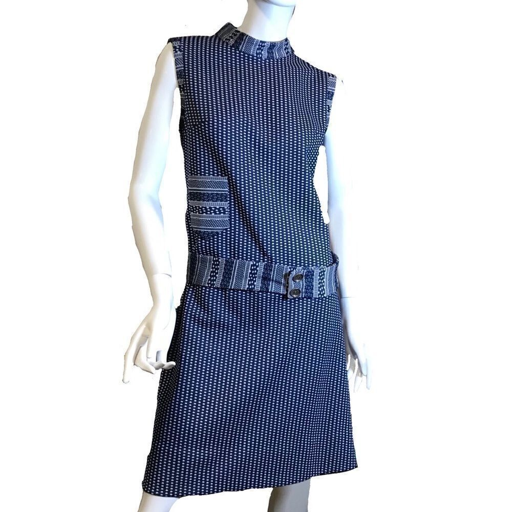 Vintage 1960s Vintage Flapper Drop Waist Geometric Polka Dotted Dress Navy Blue